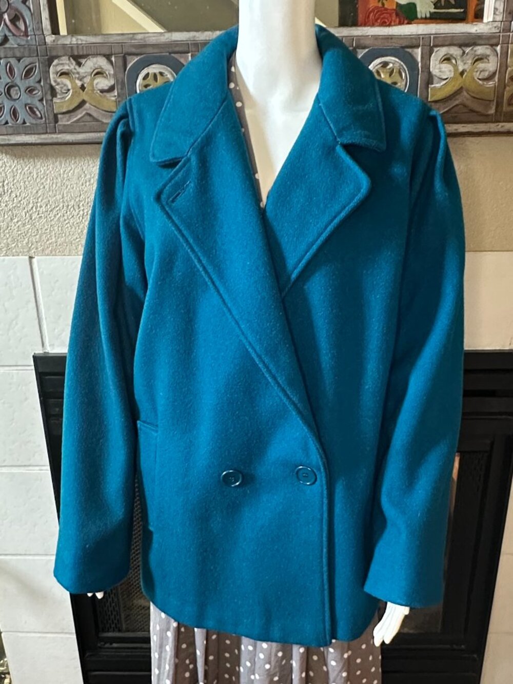 Wool Blend Pea Coat Pockets 80s teal 13/14 pleated shoulder double breasted vtg